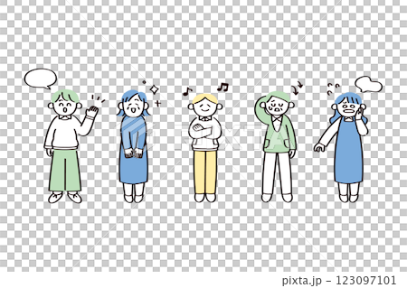 一組具有各種表情和姿勢的人物插圖 123097101