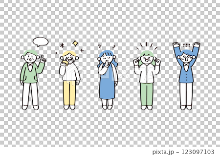 一組具有各種表情和姿勢的人物插圖 123097103