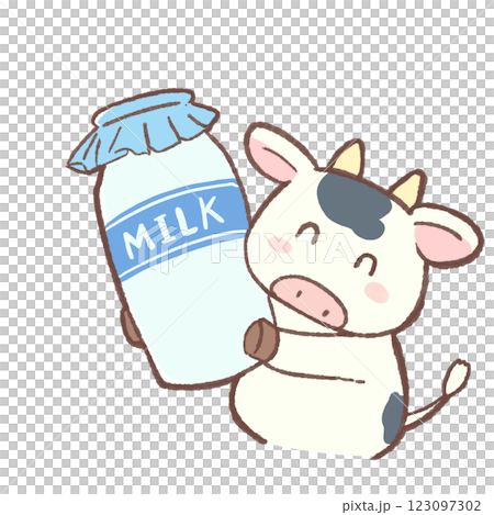 にっこり牛乳を持つ牛さんのイラスト にっこり牛乳を持つ牛さんのイラスト 123097302