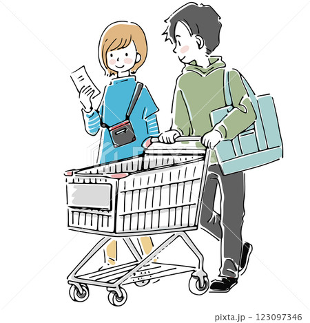 ショッピングカートで日用品を買う夫婦 ショッピングカートで日用品を買う夫婦 123097346