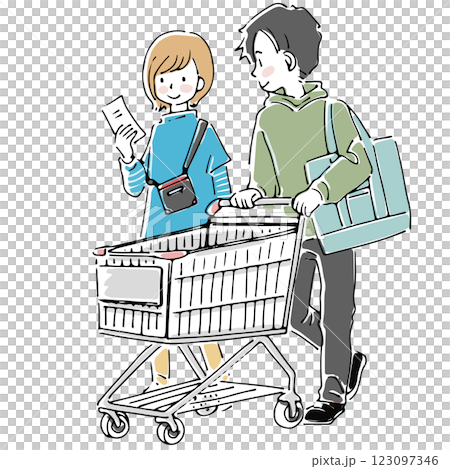 一對夫婦推著購物車購買生活用品 123097346