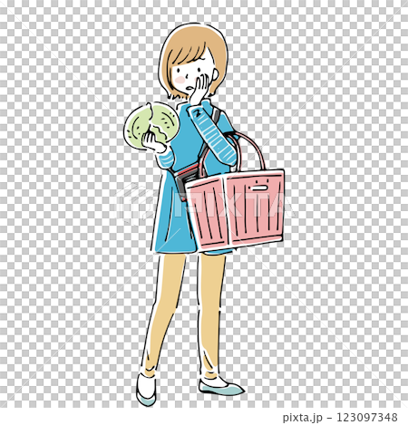 A housewife holding a shopping basket and examining cabbages 123097348