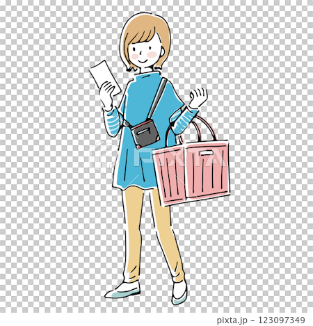 A woman shopping with a shopping basket while looking at her shopping list 123097349