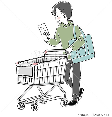 買い物リストを見ながらショッピングカートで買い物をする男性 買い物リストを見ながらショッピングカートで買い物をする男性 123097353