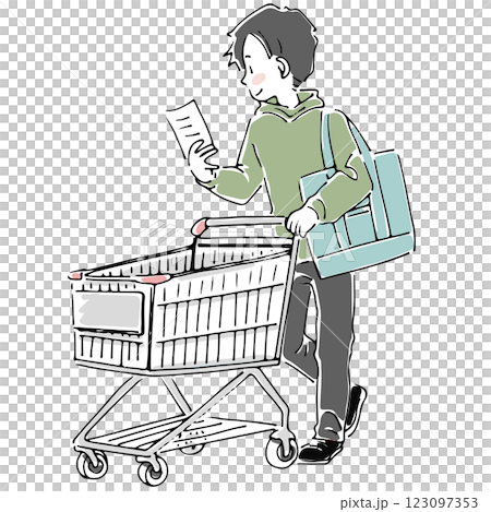 一位男士推著購物車購物，同時查看購物清單 123097353