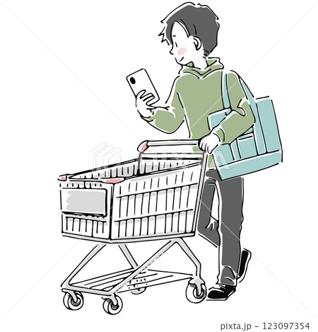 スマホのメモを見ながらショッピングカートで買い物をする男性 123097354
