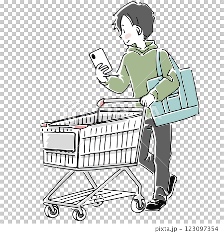 A man shopping with a shopping cart while looking at notes on his smartphone 123097354