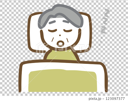 布団でぐっすり寝ているシニア男性 布団でぐっすり寝ているシニア男性 123097377