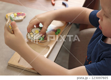 Little boy plays with educational game on table. Wooden puzzle. Animals and farm. Little boy plays with educational game on table. Wooden puzzle. Animals and farm. 123097605