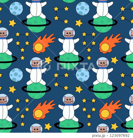 Seamless Pattern with Cute cat astronaut in space sit on planet. Stars, Constellation, Comet. Flat vector Illustration. 123097692