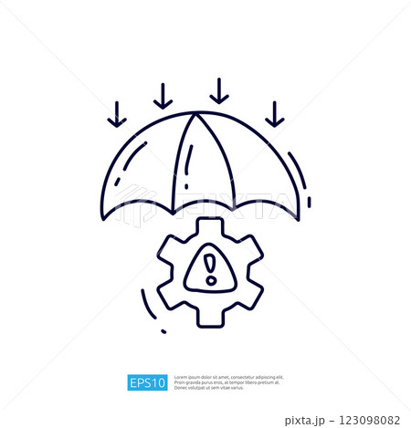 A simple line illustration depicting an umbrella over a gear with an exclamation mark, symbolizing protection and caution in a mechanical or technical context. 123098082