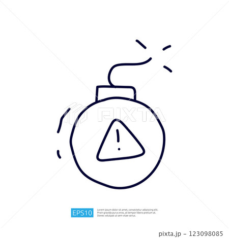 The image depicts a simple line drawing of a bomb with a warning symbol, suggesting danger or alertness. 123098085