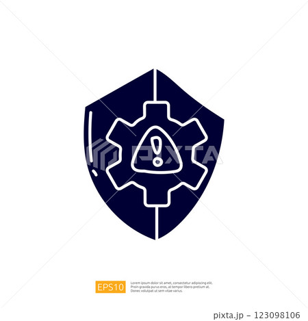 The image features a shield with a gear and an exclamation mark, symbolizing security and caution in technology or industry contexts. 123098106