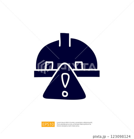 This image features a stylized graphic of a safety helmet with an exclamation mark, indicating a warning or caution related to safety. 123098124