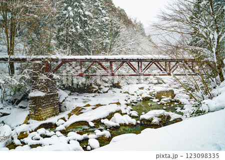 長野県南木曽町 降雪した冬の阿寺渓谷の風景 長野県南木曽町 降雪した冬の阿寺渓谷の風景 123098335