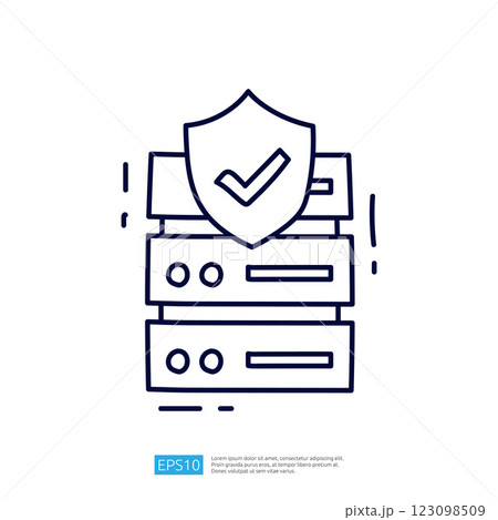 The image depicts a stack of servers secured by a shield with a check mark, symbolizing data security and protection in technology. The image depicts a stack of servers secured by a shield with a check mark, symbolizing data security and protection in technology. 123098509