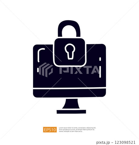 The image depicts a computer monitor with a locked briefcase symbolizing security and protection of digital information. 123098521