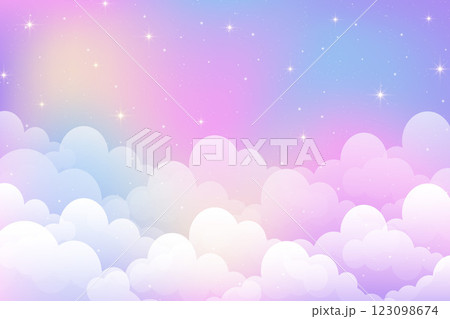 Cloudy sky background with cute stars. Magic pink and blue pastel abstract landscape. Dreamy girly vector abstract backdrop. Cartoon soft gradient wallpaper with glitter and sparkles. 123098674
