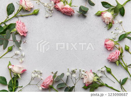 Pink roses and eucalyptus leaves creating a frame on a gray background 123098687