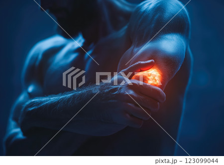 A 3D model of an elbow joint is shown, highlighting areas of pain and inflammation with bright red and orange colors. Generative AI. 123099044