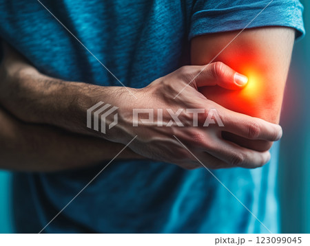 A 3D model of an elbow joint is shown, highlighting areas of pain and inflammation with bright red and orange colors. Generative AI. 123099045