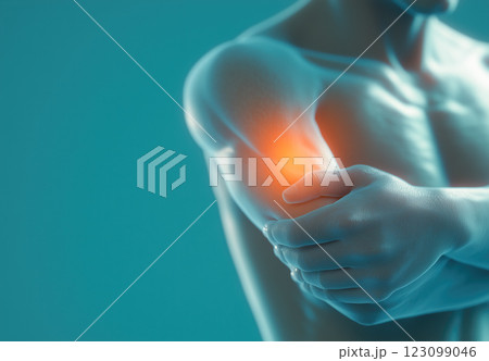 A 3D model of an elbow joint is shown, highlighting areas of pain and inflammation with bright red and orange colors. Generative AI. 123099046