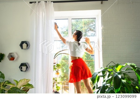 Woman manually washes the window of house with rag cleaner and mop inside the interior with home plants on windowsill. Restoring order and cleanliness in the spring, cleaning servise 123099099