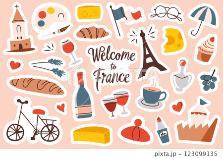 France sticker set with French symbols, Eiffel Tower, cheese, croissant and baguette. Flat vector illustrations, doodles collection for tourism, decorating travel journals, notebooks, planners 123099135