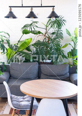 Modern loft-style village interior of house with large potted plants, gray sofa, empty round table, a striped rug, and large windows. 123099176