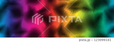 Abstract spots with slant halftone lines on rainbow bg as a seamless pattern 123099181