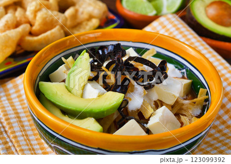 メキシコ料理のソパ・デ・トルティージャ（ソパ・アステカ） 123099392