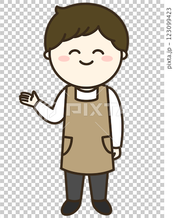 案内をするエプロンを着た男性のシンプルなイラスト　ブラウン 123099423