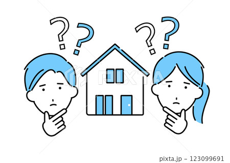 マイホーム購入に関して疑問を感じる若いカップルのイラスト 123099691