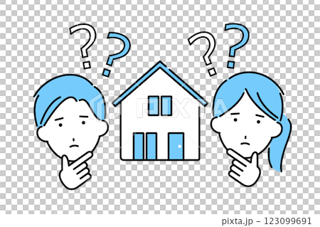 マイホーム購入に関して疑問を感じる若いカップルのイラスト 123099691