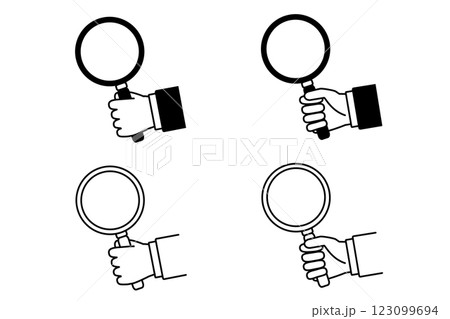 虫眼鏡を持ったスーツを着た人物の手元のアイコンセット 123099694
