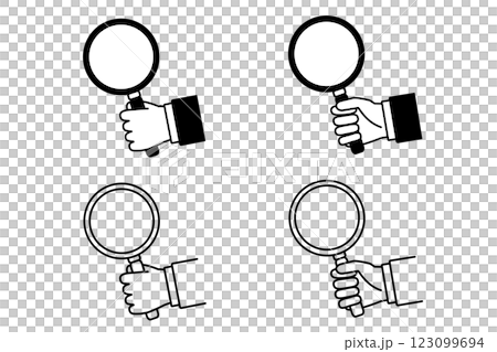 虫眼鏡を持ったスーツを着た人物の手元のアイコンセット 123099694