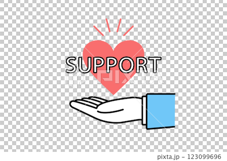 Illustration of a heart with the word support written on it and the hand of a person wearing a suit Illustration of a heart with the word support written on it and the hand of a person wearing a suit 123099696