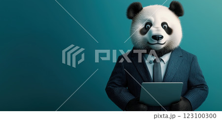panda in suit holding laptop, exuding professionalism and charm panda in suit holding laptop, exuding professionalism and charm 123100300
