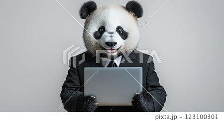Portrait of panda in suit holding laptop, looking professional and cute Portrait of panda in suit holding laptop, looking professional and cute 123100301