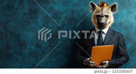 hyena in suit holding laptop against blue background 123100307