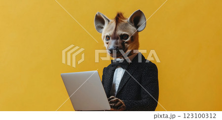 Hyena in black suit using laptop against yellow background 123100312