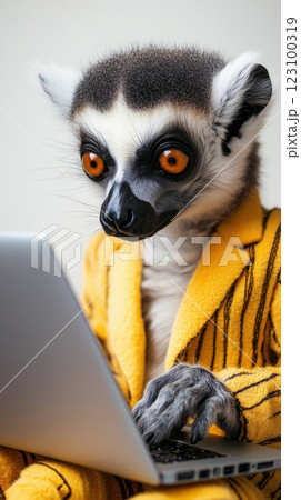 lemur in stylish yellow suit working on laptop, showcasing unique fashion sense 123100319