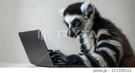 lemur in stylish outfit typing on laptop, showcasing curiosity and intelligence 123100322