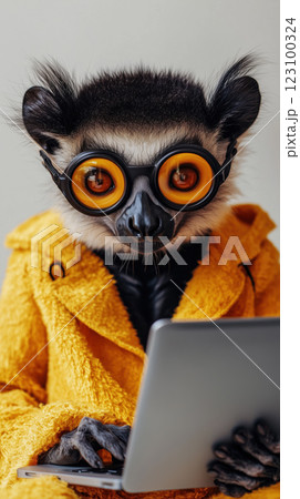 lemur in stylish yellow coat and glasses using laptop lemur in stylish yellow coat and glasses using laptop 123100324