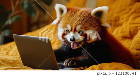 Red panda in striped suit joyfully using laptop on cozy bed 123100341
