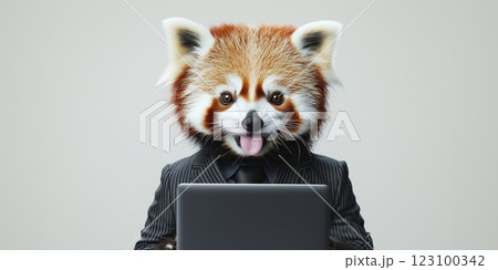 Red panda in suit holding laptop, showcasing playful expression 123100342