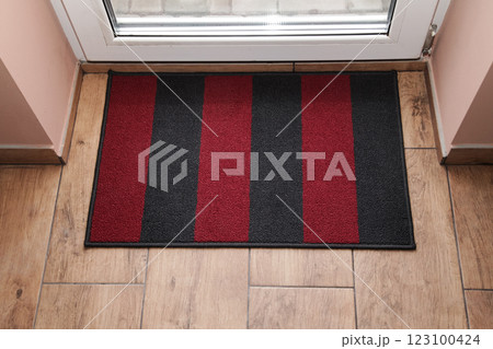 Door Mat Entryway. Outdoor Mat. Mockup Entry Mat. Wooden Brown floor Front Door. Top View 123100424