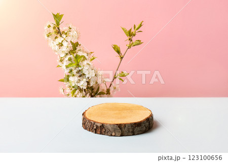 Wood slice podium with spring branches of cherry blossoms. Concept scene stage showcase for new product, banner, promotion sale, cosmetic, presentation 123100656