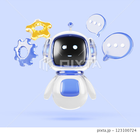 3d glass ai robot character with speech bubble and gear icon on blue render background. Chat bot mascot, cute chatbot virtual support assistant with artificial intelligence technology. 3D illustration 3d glass ai robot character with speech bubble and gear icon on blue render background. Chat bot mascot, cute chatbot virtual support assistant with artificial intelligence technology. 3D illustration 123100724