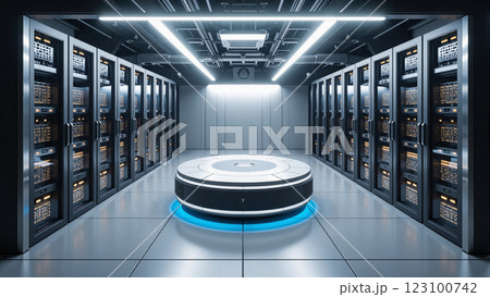 A futuristic server room with advanced computing technology. 123100742